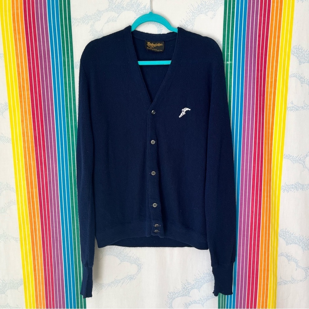VINTAGE acrylic cardigan sweater midas navy blue button front large extra large